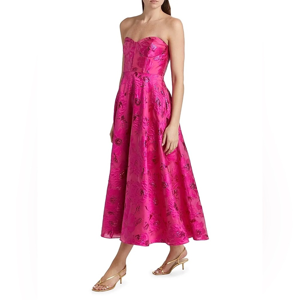 As It May Keyla Hot Pink Floral Jacquard Strapless Midi Dress